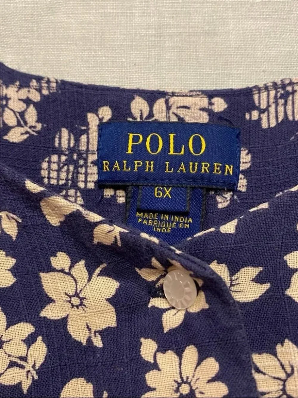 Polo Ralph Lauren indigo blue tan floral button down elastic waist dress